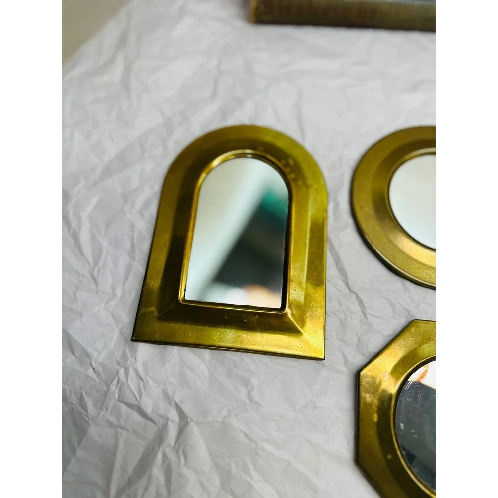 Vintage Brass Miniature Wall Mirror Set 3 Piece Arched Round Octagon Gold Tone